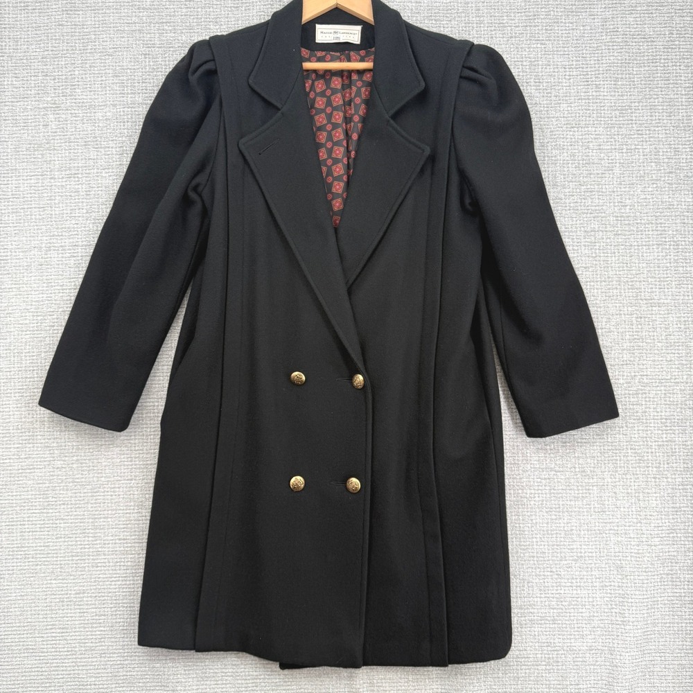 Vtg Maggie Lawrence Black Wool Blend Double Breasted‎ Long Coat Sz L Cottage